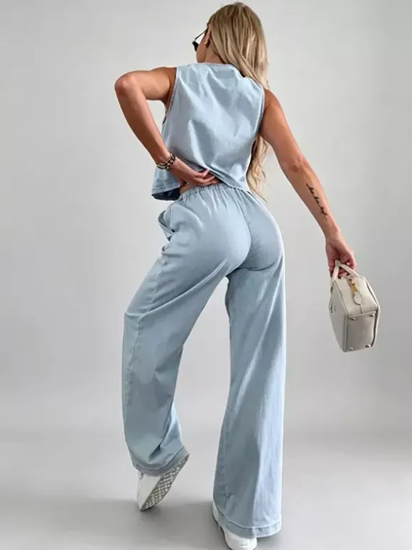 Two Piece Sets Blue Casual Street Wear V-Neck Sleeveless Pant Set