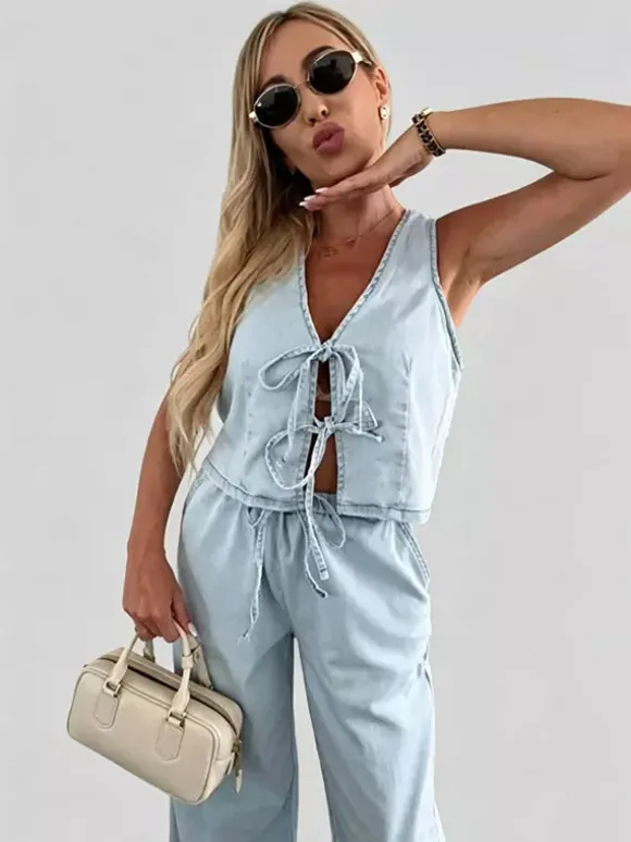Two Piece Sets Blue Casual Street Wear V-Neck Sleeveless Pant Set