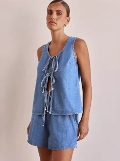 Two Piece Sets Blue Casual Street Wear Cotton Jewel Neck Sleeveless Pant Set