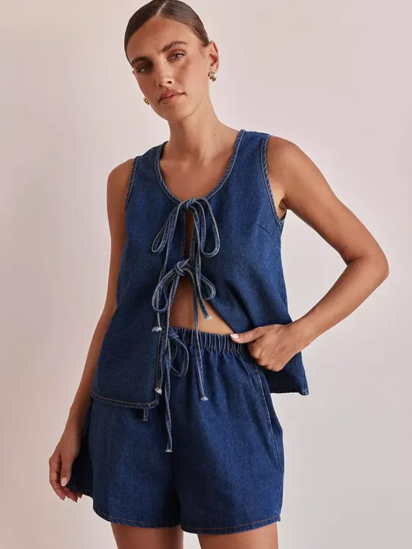 Two Piece Sets Blue Casual Street Wear Cotton Jewel Neck Sleeveless Pant Set