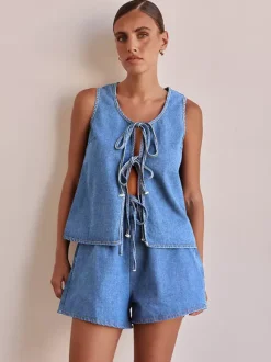 Two Piece Sets Blue Casual Street Wear Cotton Jewel Neck Sleeveless Pant Set