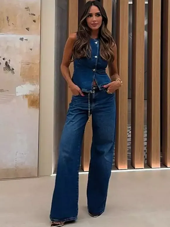 Two Piece Sets Blue Chic Street Wear Jewel Neck Sleeveless Pant Set