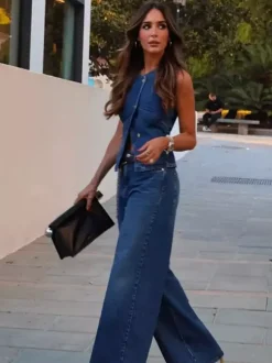 Two Piece Sets Blue Chic Street Wear Jewel Neck Sleeveless Pant Set