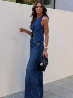 Two Piece Sets Blue Chic Street Wear Jewel Neck Sleeveless Pant Set