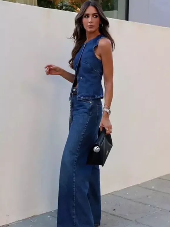 Two Piece Sets Blue Chic Street Wear Jewel Neck Sleeveless Pant Set