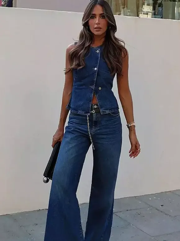 Two Piece Sets Blue Chic Street Wear Jewel Neck Sleeveless Pant Set