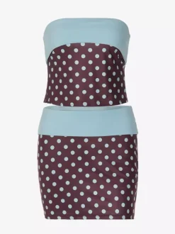 Two Piece Sets Blue Polka Dot Daily Casual Polyester Casual Strapless Sleeveless Skirt Set