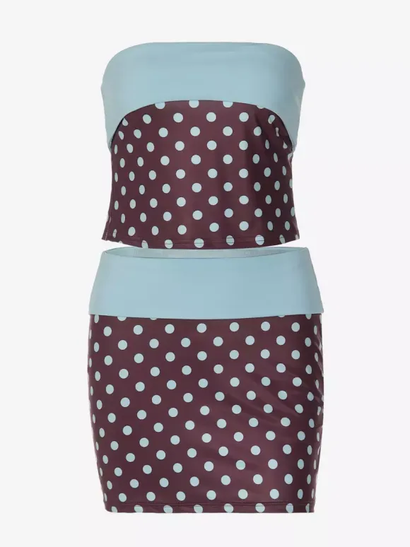 Two Piece Sets Blue Polka Dot Daily Casual Polyester Casual Strapless Sleeveless Skirt Set