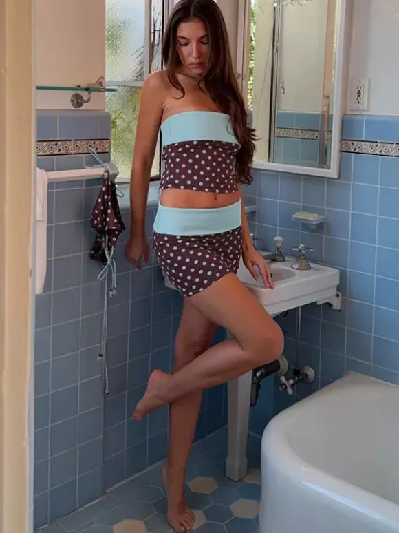 Two Piece Sets Blue Polka Dot Daily Casual Polyester Casual Strapless Sleeveless Skirt Set