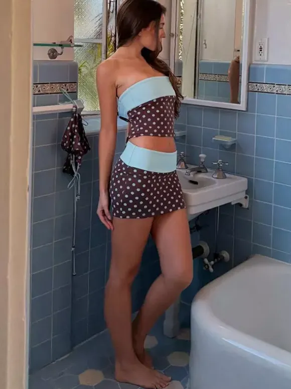 Two Piece Sets Blue Polka Dot Daily Casual Polyester Casual Strapless Sleeveless Skirt Set