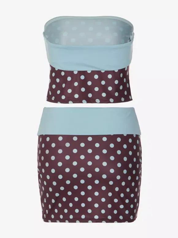 Two Piece Sets Blue Polka Dot Daily Casual Polyester Casual Strapless Sleeveless Skirt Set