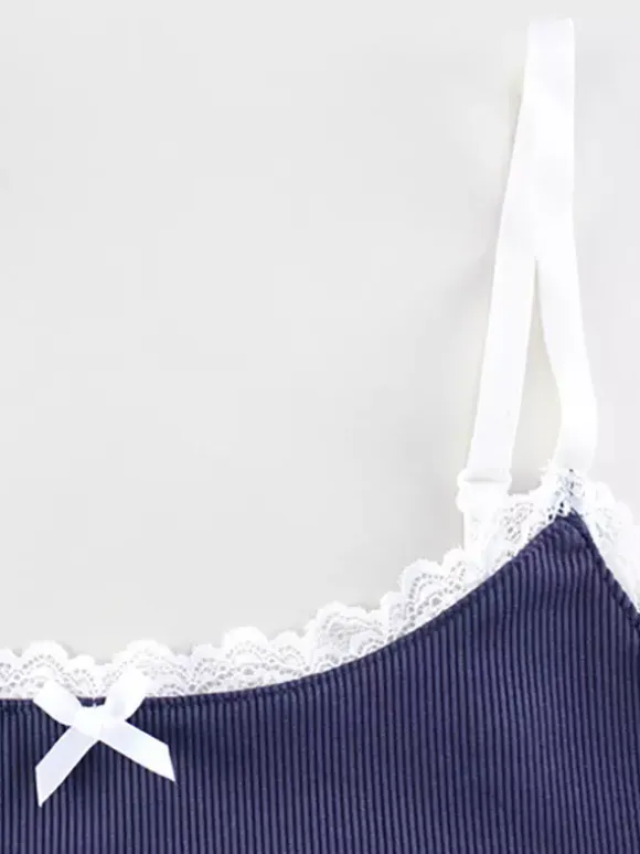 Two Piece Sets Blue Street Wear Bows Straps Neck Sleeveless Pant Set
