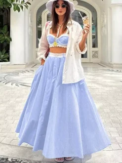 Two Piece Sets Blue Stripes Street Wear Lace Chic Straps Neck Sleeveless Skirt Set