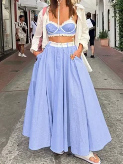 Two Piece Sets Blue Stripes Street Wear Lace Chic Straps Neck Sleeveless Skirt Set