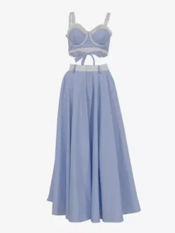 Two Piece Sets Blue Stripes Street Wear Lace Chic Straps Neck Sleeveless Skirt Set