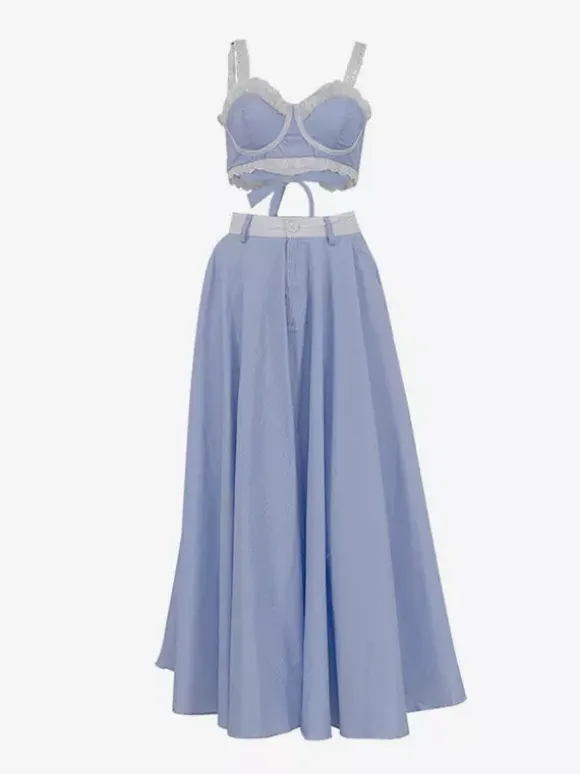 Two Piece Sets Blue Stripes Street Wear Lace Chic Straps Neck Sleeveless Skirt Set