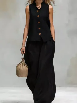 Two Piece Sets Brown Chic Daily Casual Cotton Linen Stand Collar Sleeveless Pant Set