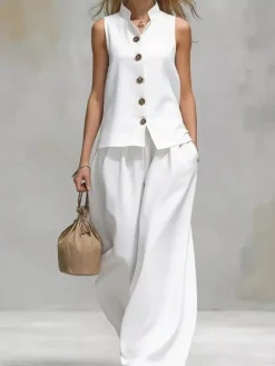 Two Piece Sets Brown Chic Daily Casual Cotton Linen Stand Collar Sleeveless Pant Set