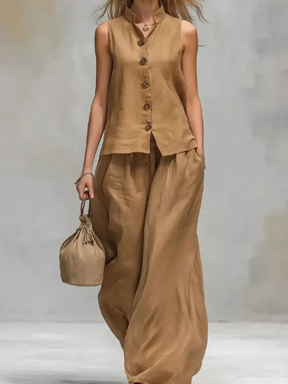 Two Piece Sets Brown Chic Daily Casual Cotton Linen Stand Collar Sleeveless Pant Set