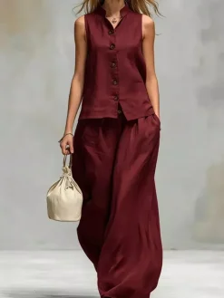 Two Piece Sets Brown Chic Daily Casual Cotton Linen Stand Collar Sleeveless Pant Set