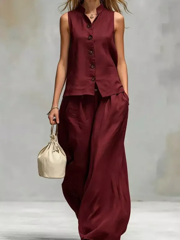 Two Piece Sets Brown Chic Daily Casual Cotton Linen Stand Collar Sleeveless Pant Set