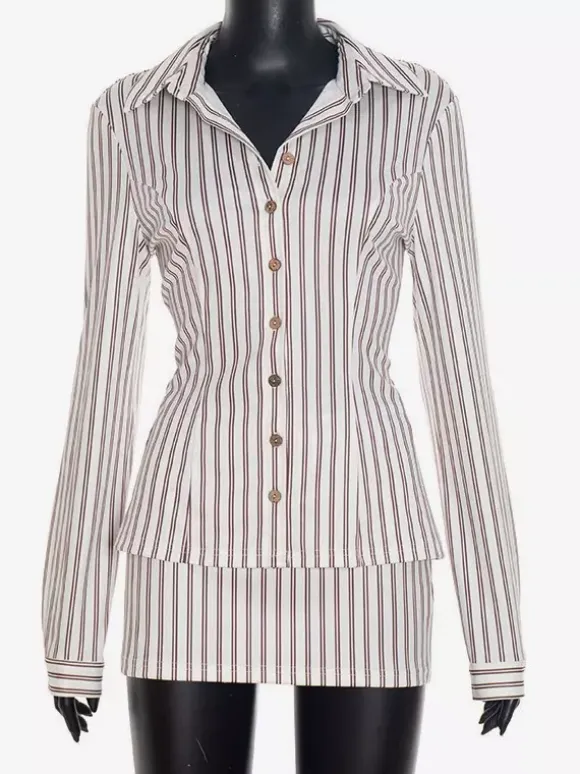 Two Piece Sets Brown Elegant Stripes Party Turndown Collar One Sleeve Long Sleeves Skirt Set
