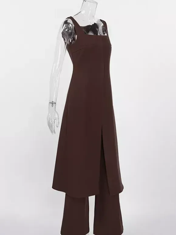 Two Piece Sets Brown Sleeveless Casual Vest Pant Set