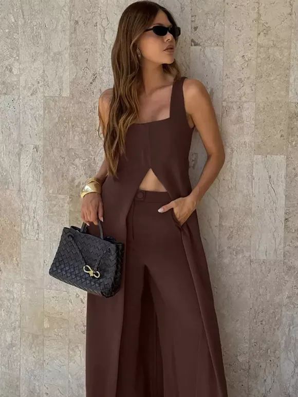 Two Piece Sets Brown Sleeveless Casual Vest Pant Set