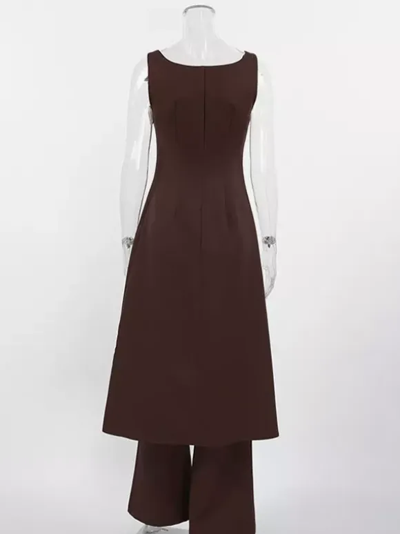 Two Piece Sets Brown Sleeveless Casual Vest Pant Set