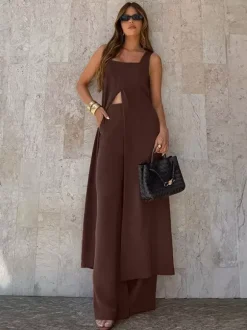 Two Piece Sets Brown Sleeveless Casual Vest Pant Set