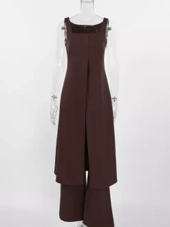 Two Piece Sets Brown Sleeveless Casual Vest Pant Set