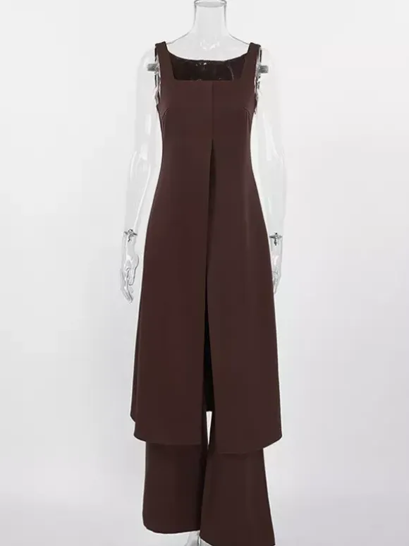 Two Piece Sets Brown Sleeveless Casual Vest Pant Set