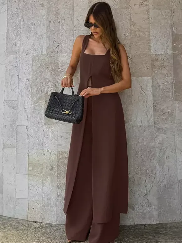 Two Piece Sets Brown Sleeveless Casual Vest Pant Set