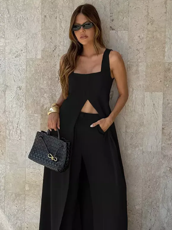 Two Piece Sets Brown Sleeveless Casual Vest Pant Set