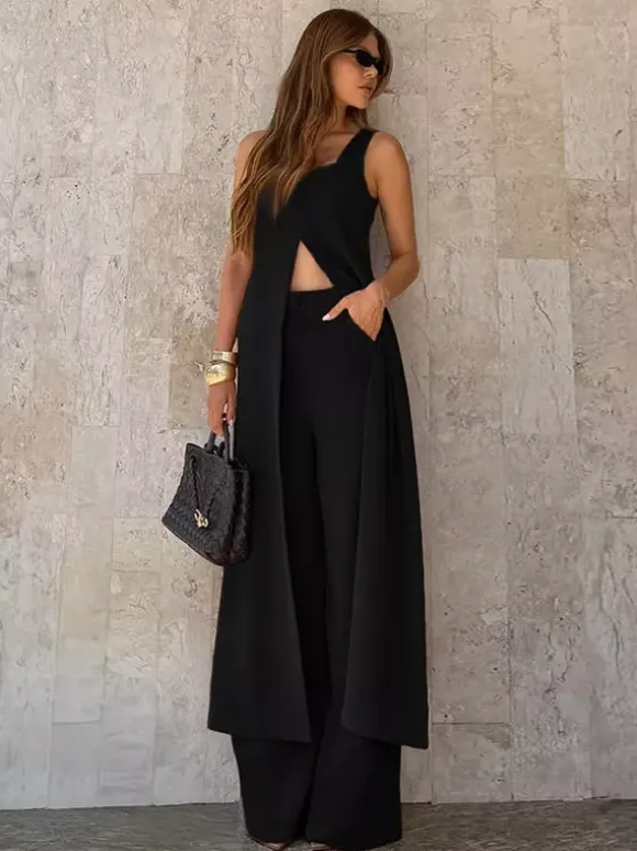Two Piece Sets Brown Sleeveless Casual Vest Pant Set