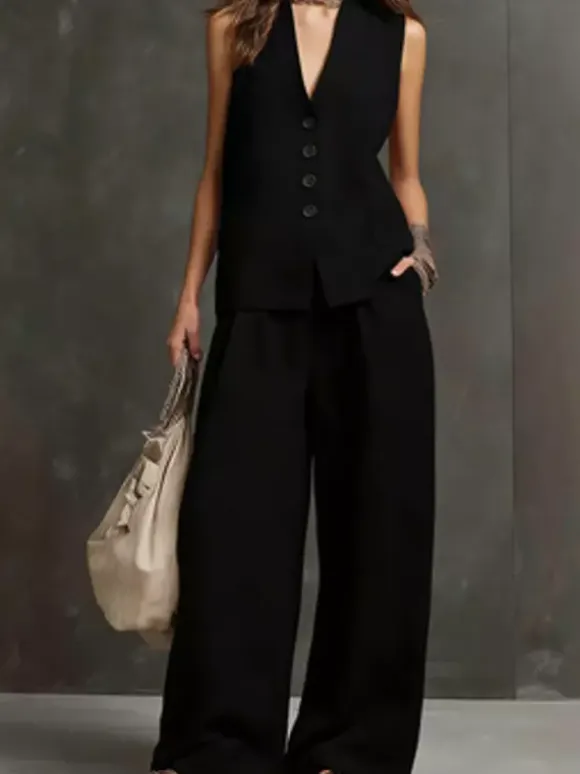 Two Piece Sets Burgundy Casual Daily Casual Linen V-Neck Sleeveless Pant Set
