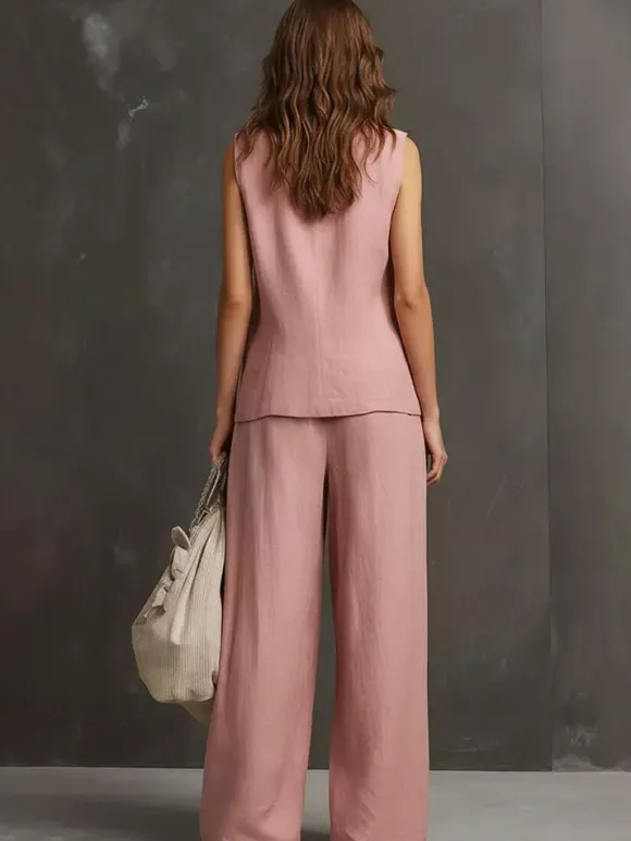 Two Piece Sets Burgundy Casual Daily Casual Linen V-Neck Sleeveless Pant Set