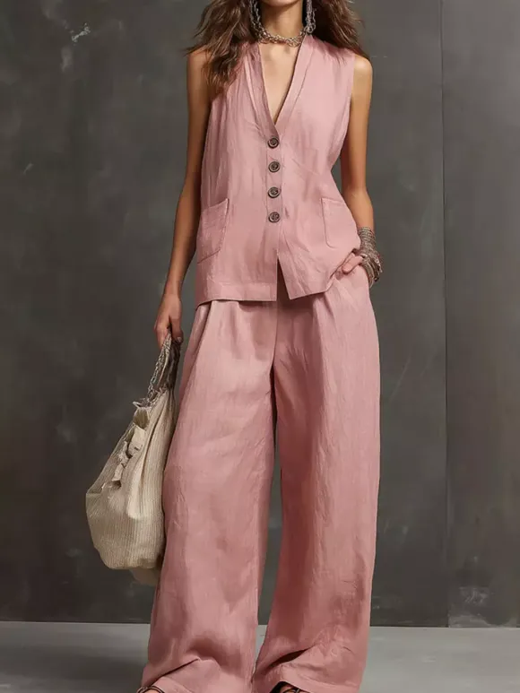 Two Piece Sets Burgundy Casual Daily Casual Linen V-Neck Sleeveless Pant Set
