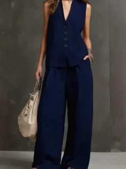 Two Piece Sets Burgundy Casual Daily Casual Linen V-Neck Sleeveless Pant Set
