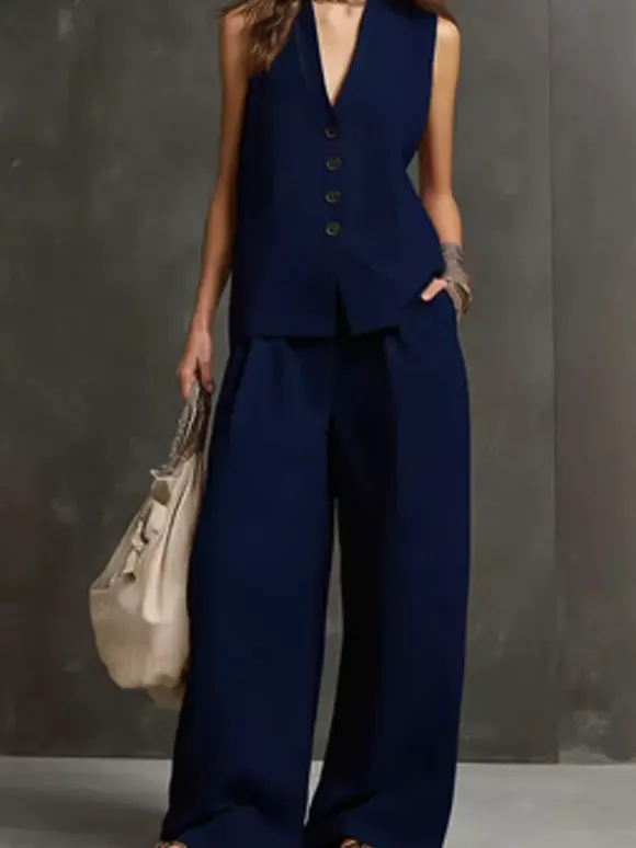 Two Piece Sets Burgundy Casual Daily Casual Linen V-Neck Sleeveless Pant Set
