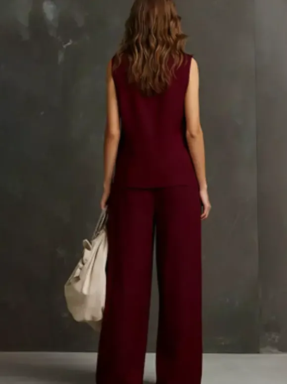 Two Piece Sets Burgundy Casual Daily Casual Linen V-Neck Sleeveless Pant Set