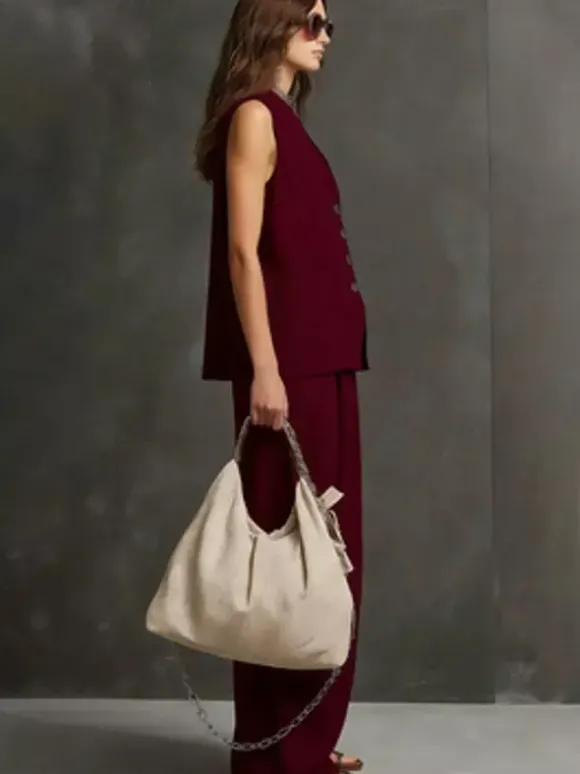 Two Piece Sets Burgundy Casual Daily Casual Linen V-Neck Sleeveless Pant Set