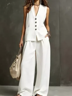 Two Piece Sets Burgundy Casual Daily Casual Linen V-Neck Sleeveless Pant Set