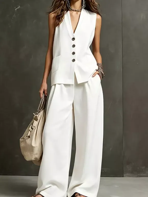 Two Piece Sets Burgundy Casual Daily Casual Linen V-Neck Sleeveless Pant Set