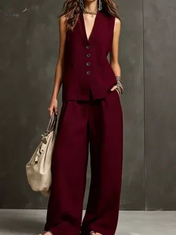 Two Piece Sets Burgundy Casual Daily Casual Linen V-Neck Sleeveless Pant Set