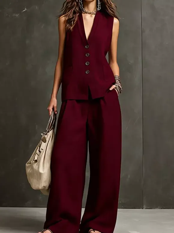 Two Piece Sets Burgundy Casual Daily Casual Linen V-Neck Sleeveless Pant Set