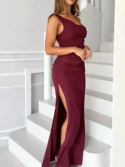 Two Piece Sets Burgundy Chic Dating V-Neck Backless Sleeveless Skirt Set