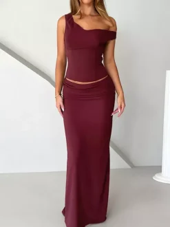 Two Piece Sets Burgundy Chic Dating V-Neck Backless Sleeveless Skirt Set