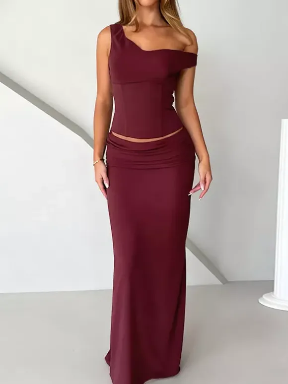Two Piece Sets Burgundy Chic Dating V-Neck Backless Sleeveless Skirt Set