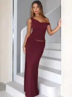 Two Piece Sets Burgundy Chic Dating V-Neck Backless Sleeveless Skirt Set